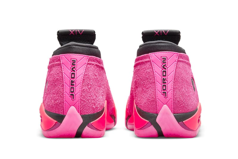 Air Jordan 14 "Shocking Pink" Official Look DH4121-600 Jordan Brand sneaker footwear suede pink black bright crimson