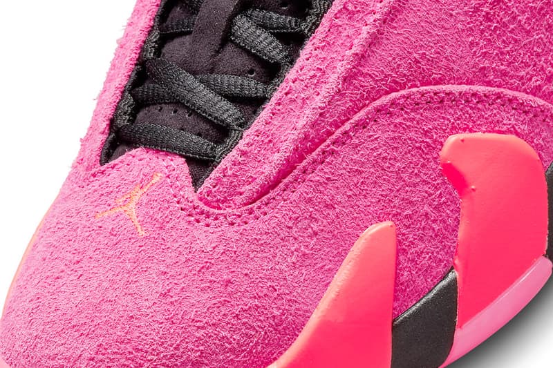 Air Jordan 14 "Shocking Pink" Official Look DH4121-600 Jordan Brand sneaker footwear suede pink black bright crimson