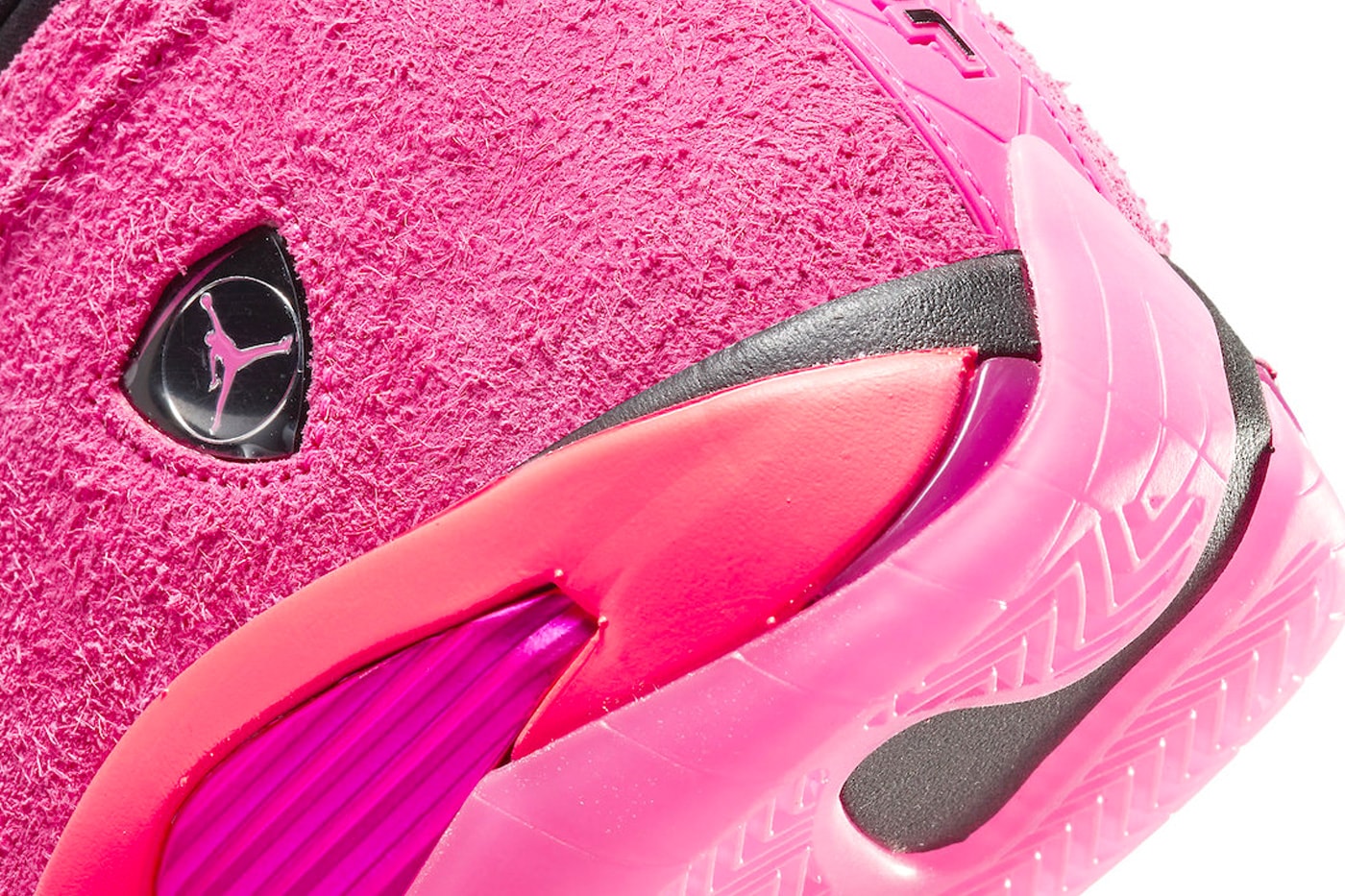 Air Jordan 14 "Shocking Pink" Official Look DH4121-600 Jordan Brand sneaker footwear suede pink black bright crimson