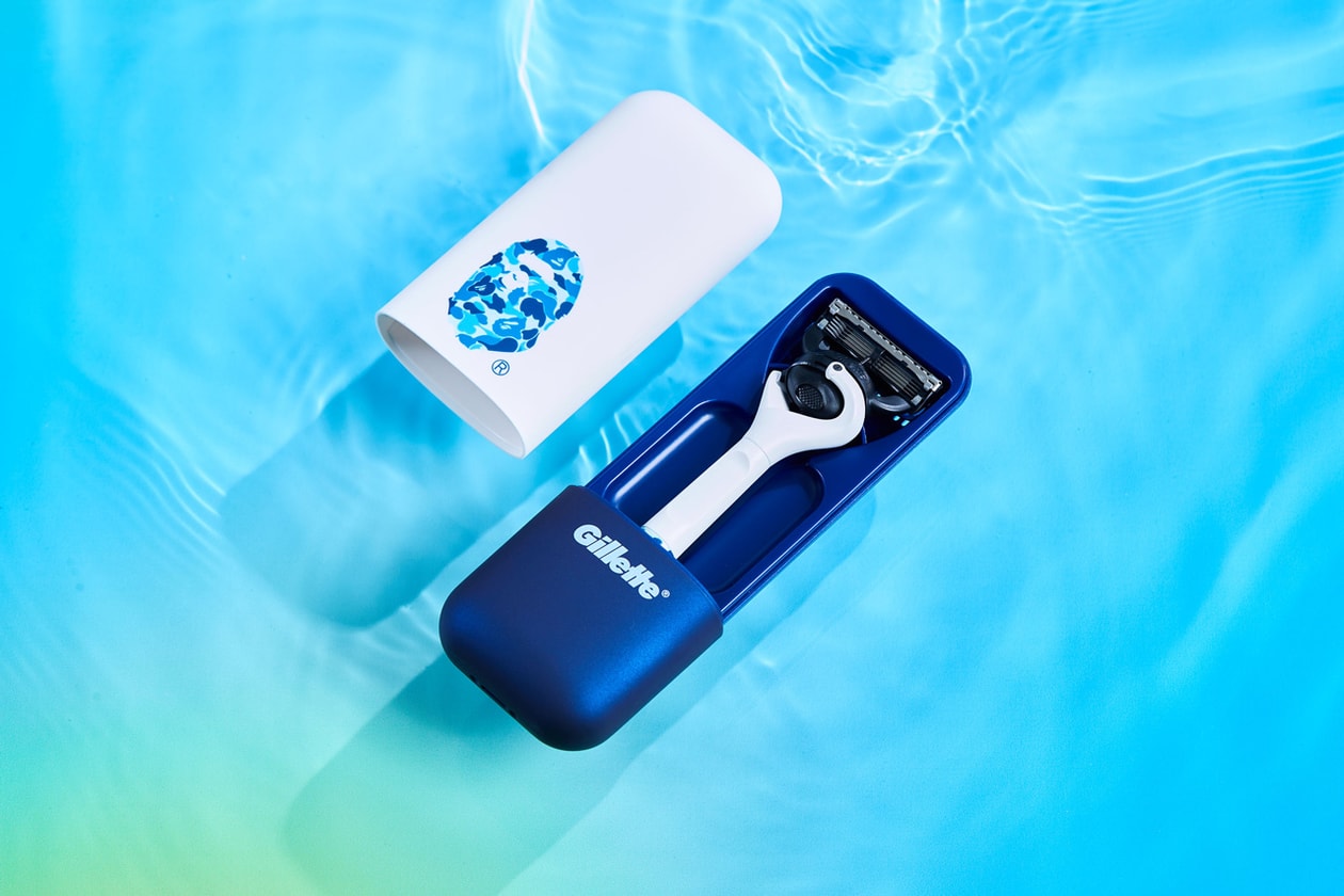 BAPE Gillette blue camo razor collaboration lookbook revamped camo print razor accompanying BAPE designed magnetic razor stand and travel case Ape Head icon