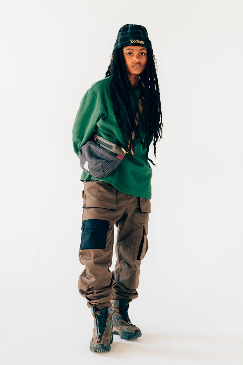 Bodega fall winter 2021 fw21 lookbook drop 1 drop 2 autumn t shirts beanies workwear flannel tweed baseball caps socks sling bag dsptch trail shoe retro release info 