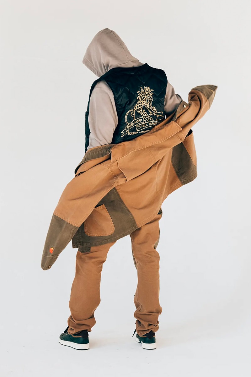 Bodega fall winter 2021 fw21 lookbook drop 1 drop 2 autumn t shirts beanies workwear flannel tweed baseball caps socks sling bag dsptch trail shoe retro release info 
