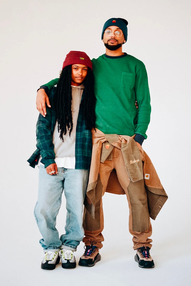 Bodega fall winter 2021 fw21 lookbook drop 1 drop 2 autumn t shirts beanies workwear flannel tweed baseball caps socks sling bag dsptch trail shoe retro release info 