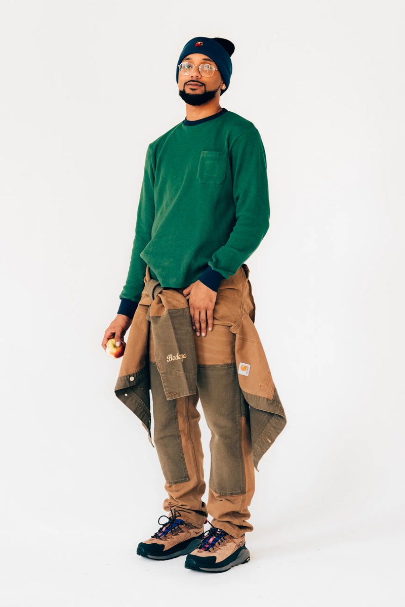 Bodega fall winter 2021 fw21 lookbook drop 1 drop 2 autumn t shirts beanies workwear flannel tweed baseball caps socks sling bag dsptch trail shoe retro release info 