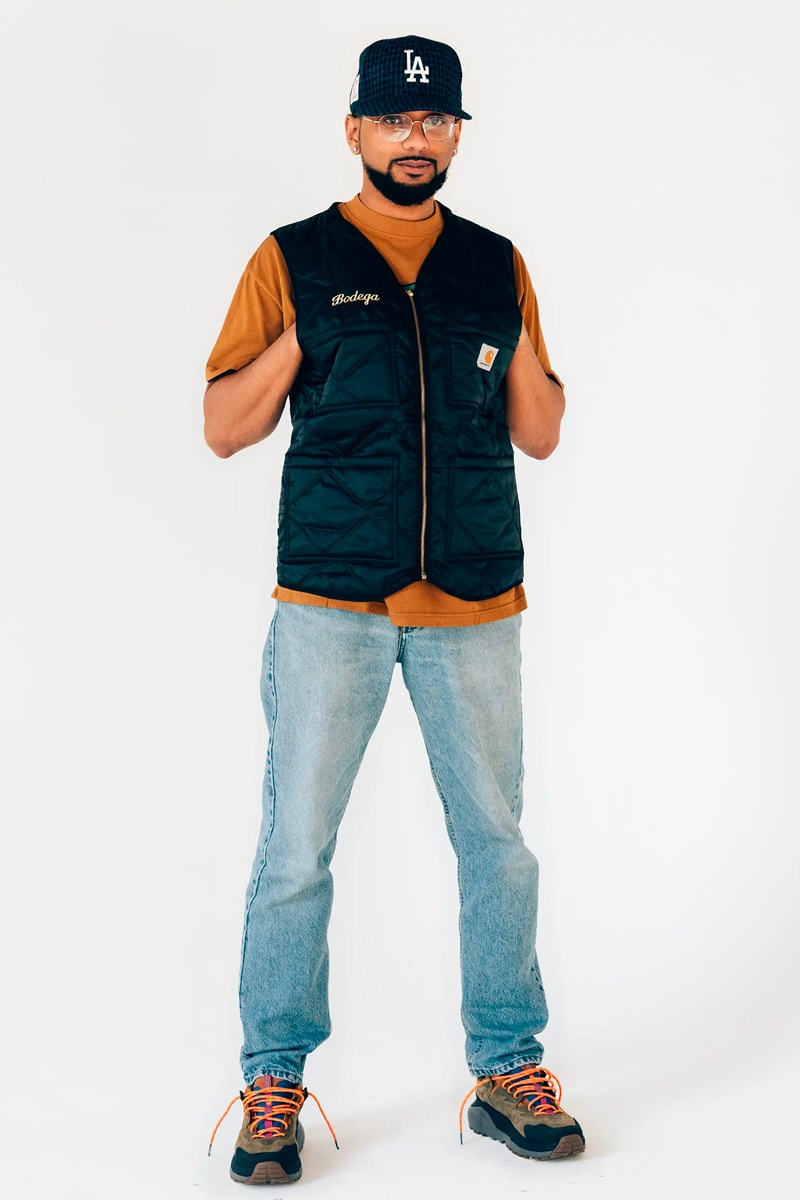Bodega fall winter 2021 fw21 lookbook drop 1 drop 2 autumn t shirts beanies workwear flannel tweed baseball caps socks sling bag dsptch trail shoe retro release info 