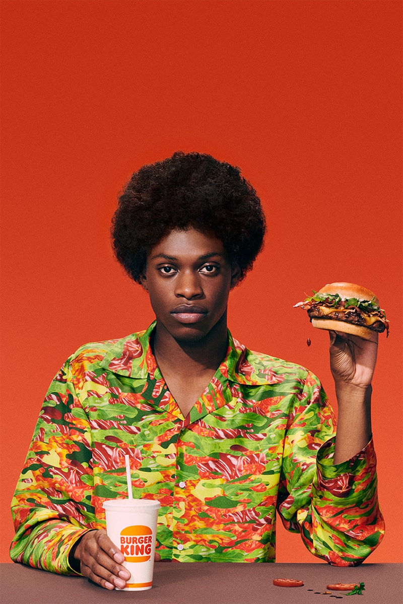 burger king katie eary clothsurgeon rav matharu silk shirt one size fits all flame grilled burger chain restaurant fashion streetwear 