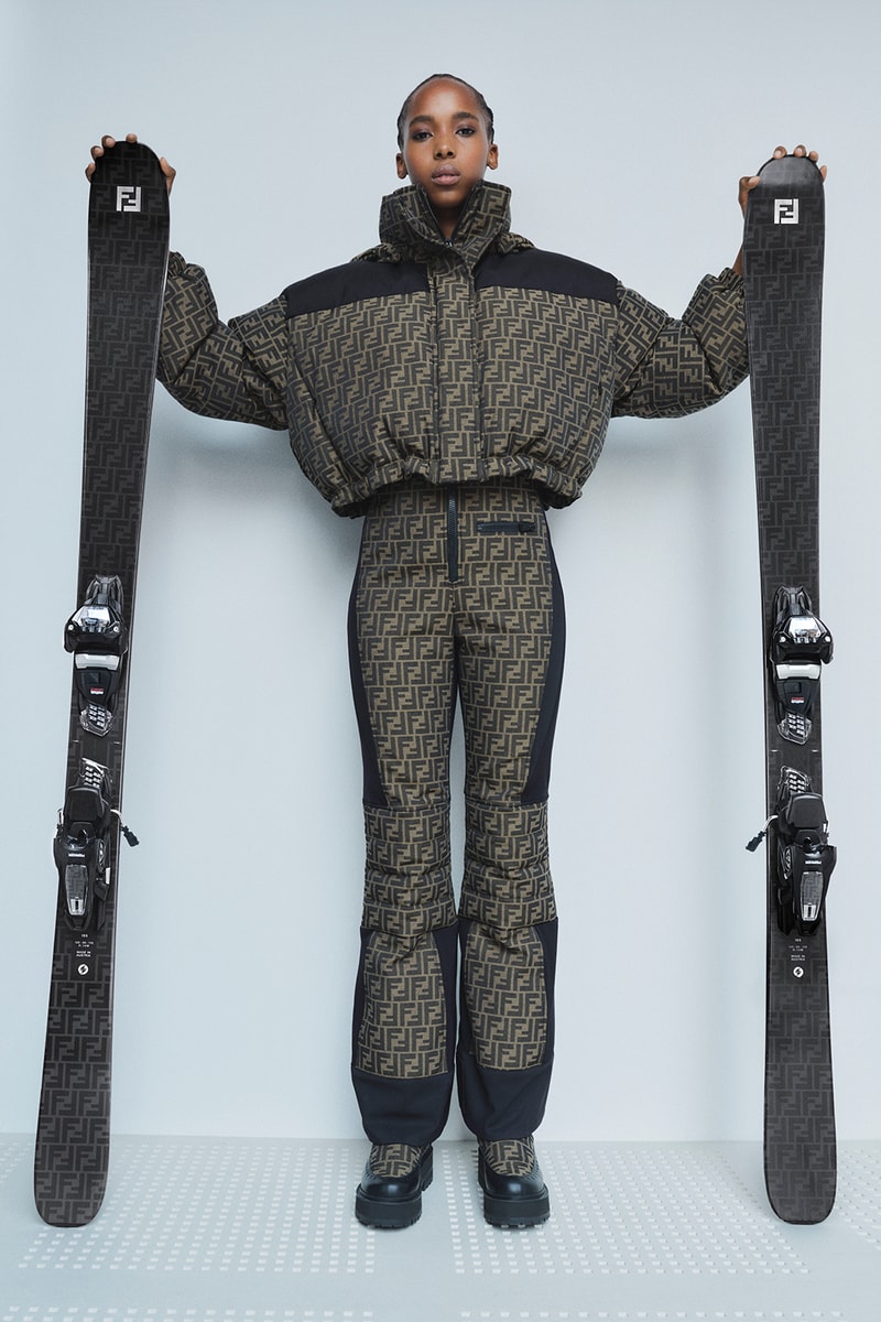 Fendi Releases Its 2021 Skiwear Line women men outwear accessories ski trip sustainability regenerated duck feathers aquafil econyl yarn jacket tracksuits karligraphy monogram FF logo down pants weatherproof heat tech skis helmet goggles boots release info 