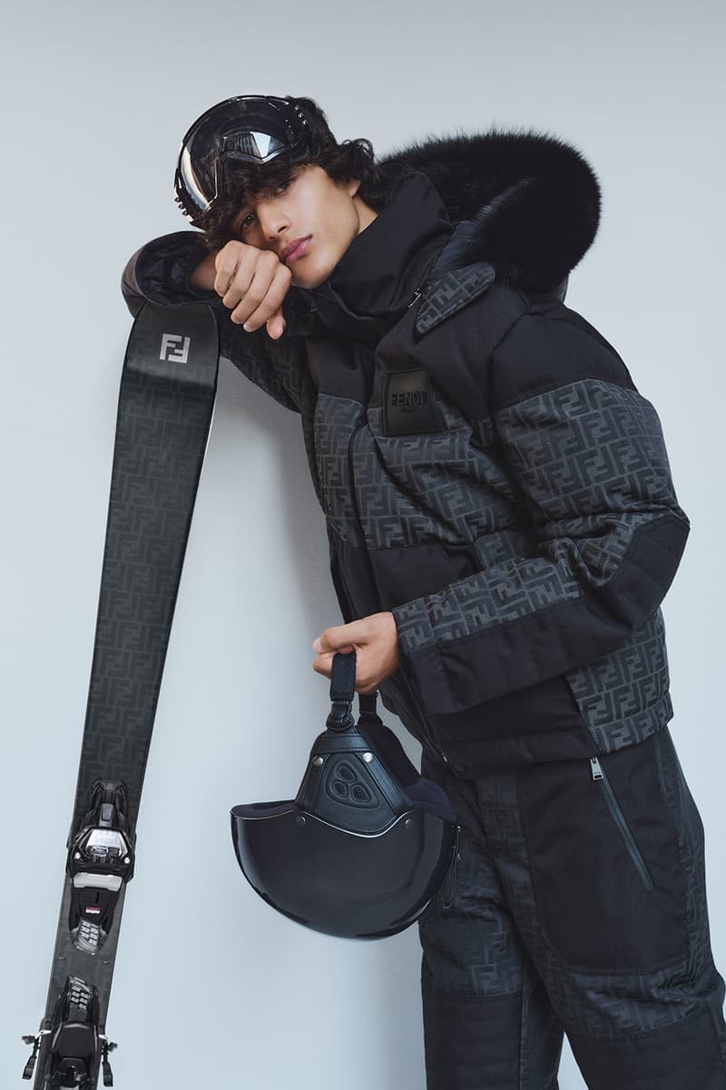 Fendi Releases Its 2021 Skiwear Line women men outwear accessories ski trip sustainability regenerated duck feathers aquafil econyl yarn jacket tracksuits karligraphy monogram FF logo down pants weatherproof heat tech skis helmet goggles boots release info 