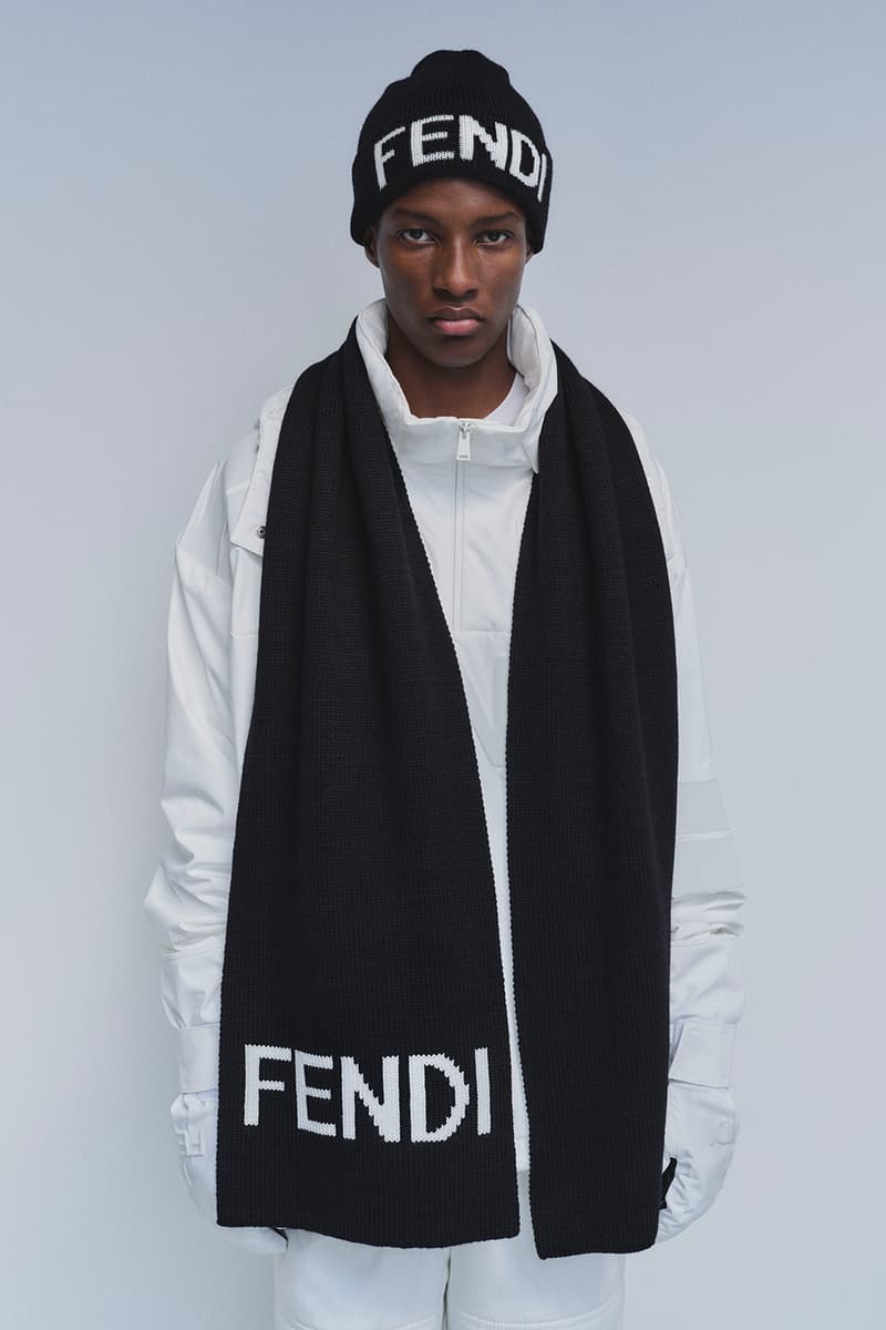 Fendi Releases Its 2021 Skiwear Line women men outwear accessories ski trip sustainability regenerated duck feathers aquafil econyl yarn jacket tracksuits karligraphy monogram FF logo down pants weatherproof heat tech skis helmet goggles boots release info 