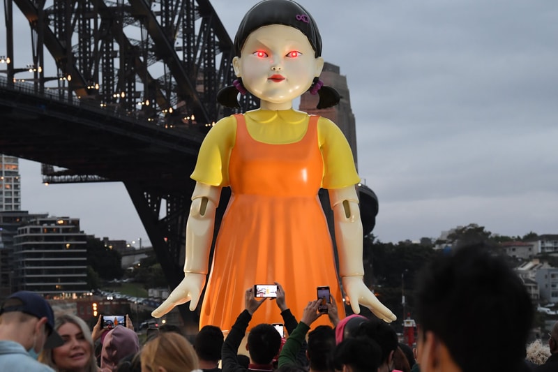 Giant Fully Functioning 'Squid Game' "Red Light, Green Light" Doll Appears in Sydney south korea netflix tv how sydney the rocks opera house 