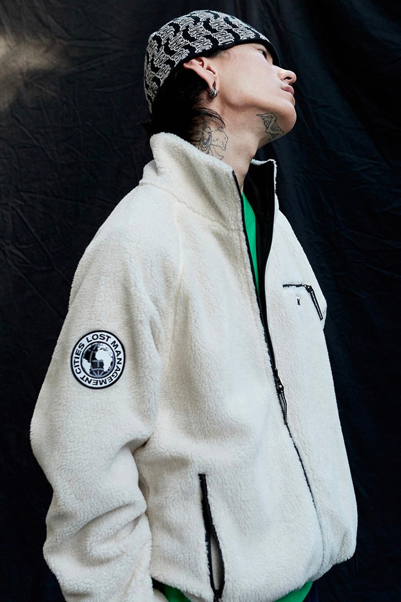 LMC lost management cities releases winter 2021 lookbook collection fleece jackets lightweight padding eco-friendly materials outwear puffer varsity layering mohair cardigan knit velour tracksuit two installments october 5 release info