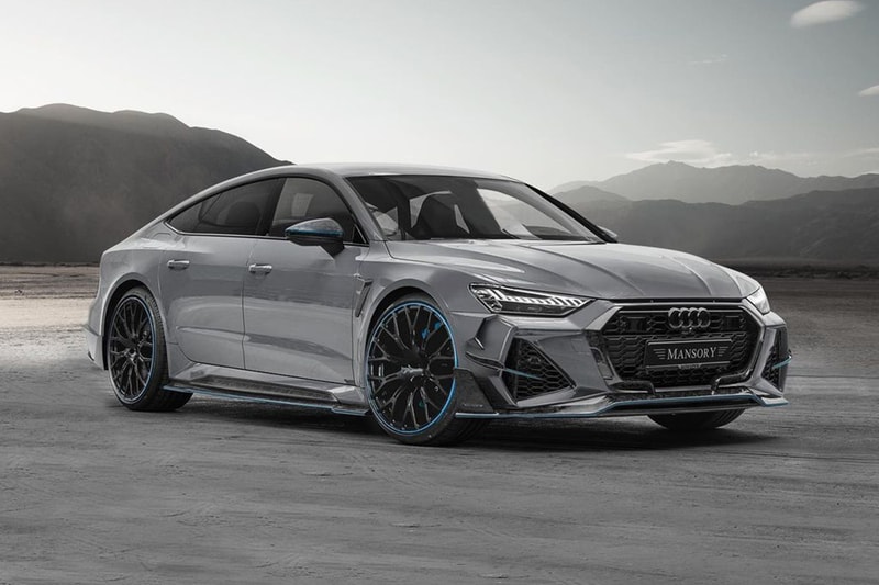 Mansory Audi RS7 Sportback carbon fiber performance enhanced model german nardo gray bright blue front alcantara leather luxurious sporty 770 horsepower zero to 60 3 seconds release V8 4 liter turbo engine sports car