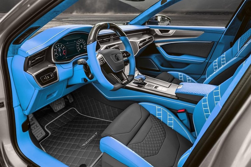 Mansory Audi RS7 Sportback carbon fiber performance enhanced model german nardo gray bright blue front alcantara leather luxurious sporty 770 horsepower zero to 60 3 seconds release V8 4 liter turbo engine sports car
