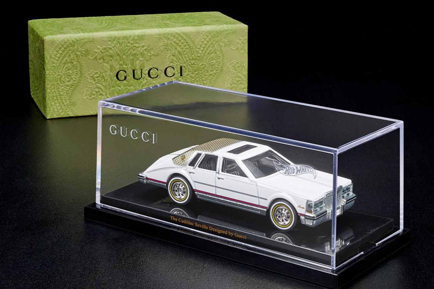 Mattel Creations Inc Hot wheels collectible gucci 100th anniversary limited edition cadillac seville october 18 Italian detroit vinyl top gold radwood custom car 1:6 display case  release info