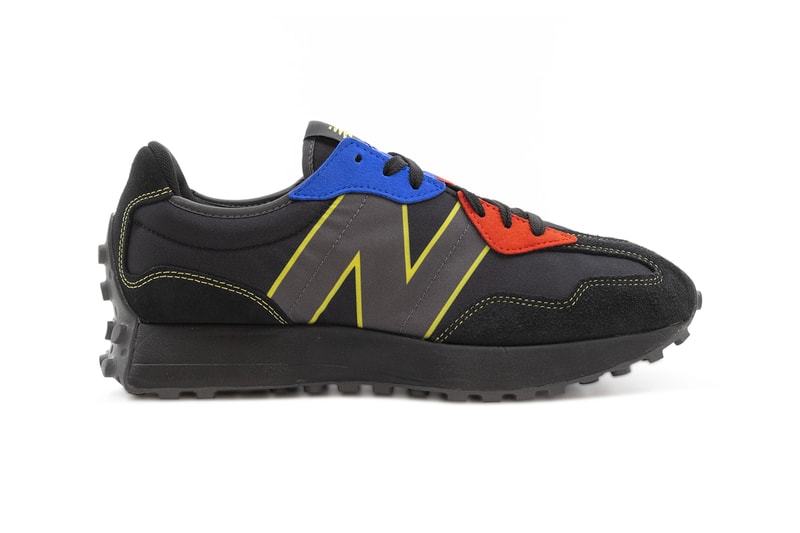 New Balance 327 in Black & Multi-Color Release footwear sneakers canva suede yellow black red blue ms327bc1