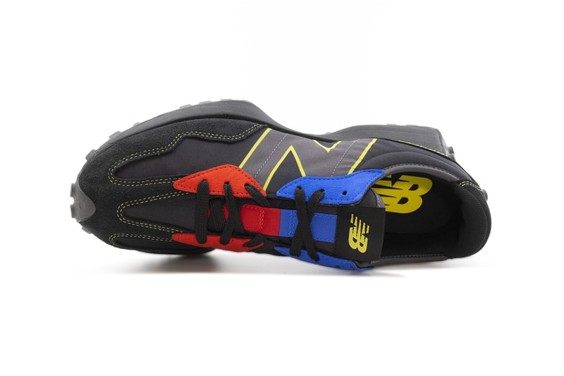 New Balance 327 in Black & Multi-Color Release footwear sneakers canva suede yellow black red blue ms327bc1