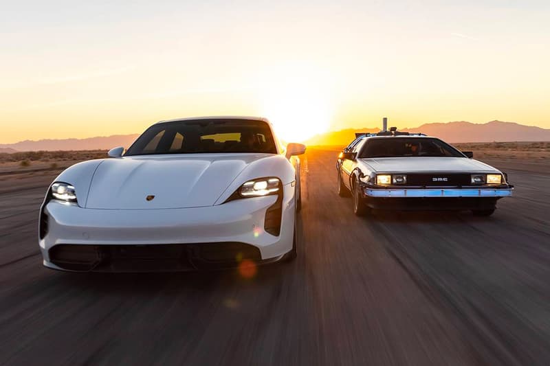 Porsche Celebrates 'Back to the Future' Day by Showing off Its Taycan's 1.21 GW Charging Capacity porsche taycan turbo s delorean taycan turbo s ev electric vehicles