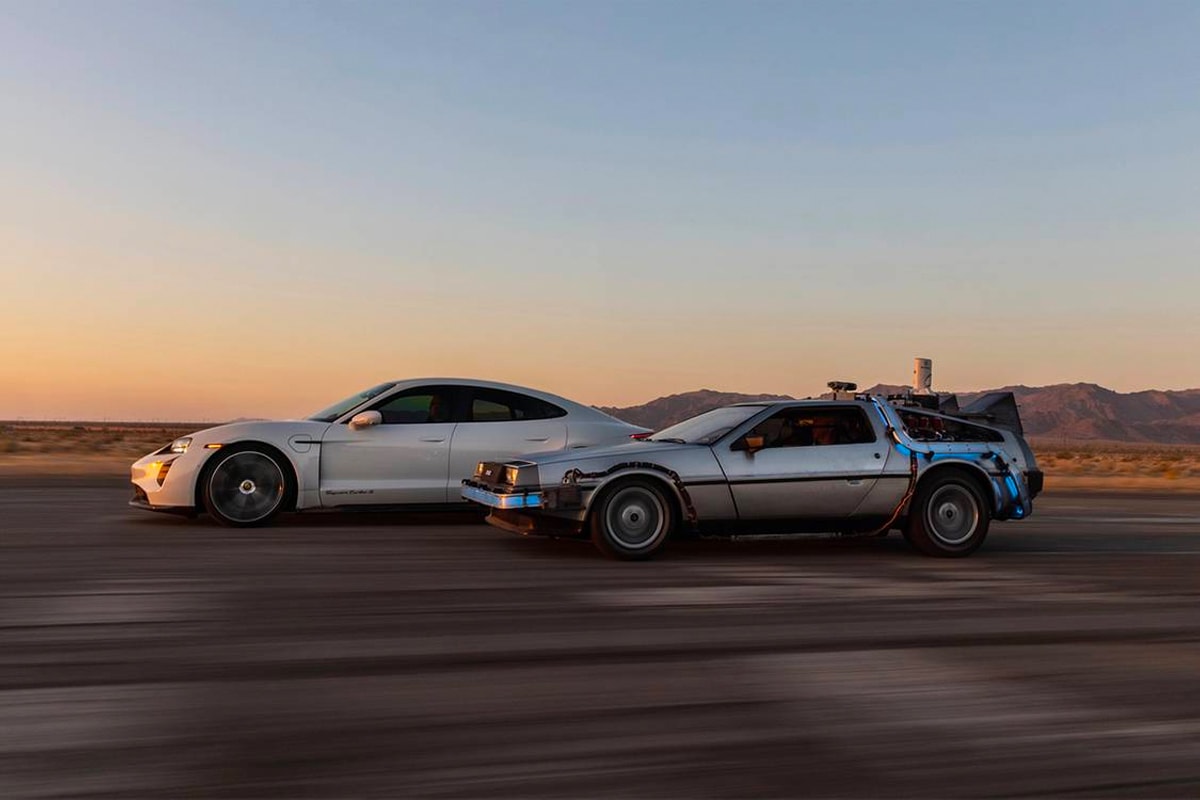 Porsche Celebrates 'Back to the Future' Day by Showing off Its Taycan's 1.21 GW Charging Capacity porsche taycan turbo s delorean taycan turbo s ev electric vehicles