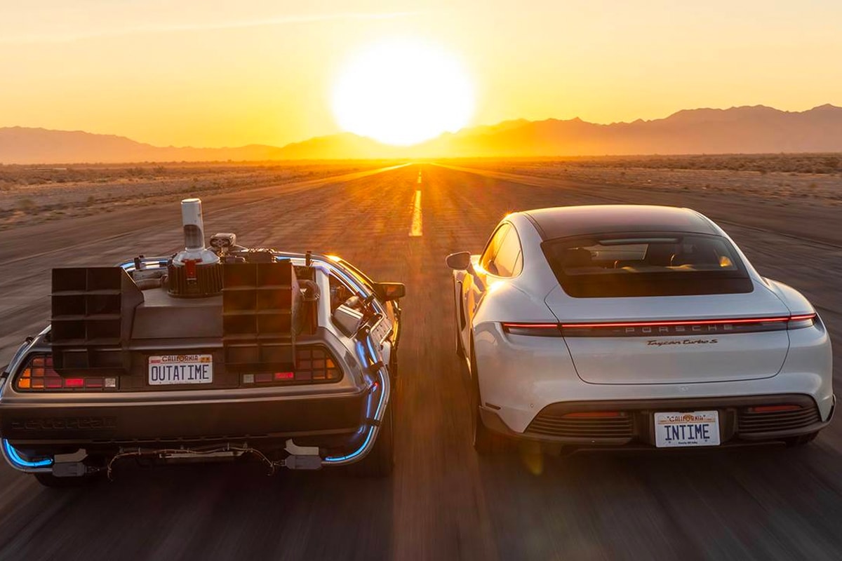 Porsche Celebrates 'Back to the Future' Day by Showing off Its Taycan's 1.21 GW Charging Capacity porsche taycan turbo s delorean taycan turbo s ev electric vehicles