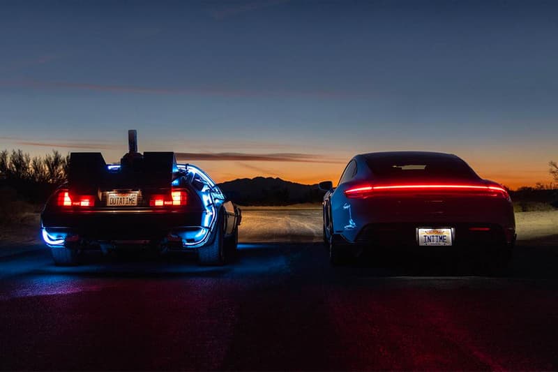 Porsche Celebrates 'Back to the Future' Day by Showing off Its Taycan's 1.21 GW Charging Capacity porsche taycan turbo s delorean taycan turbo s ev electric vehicles