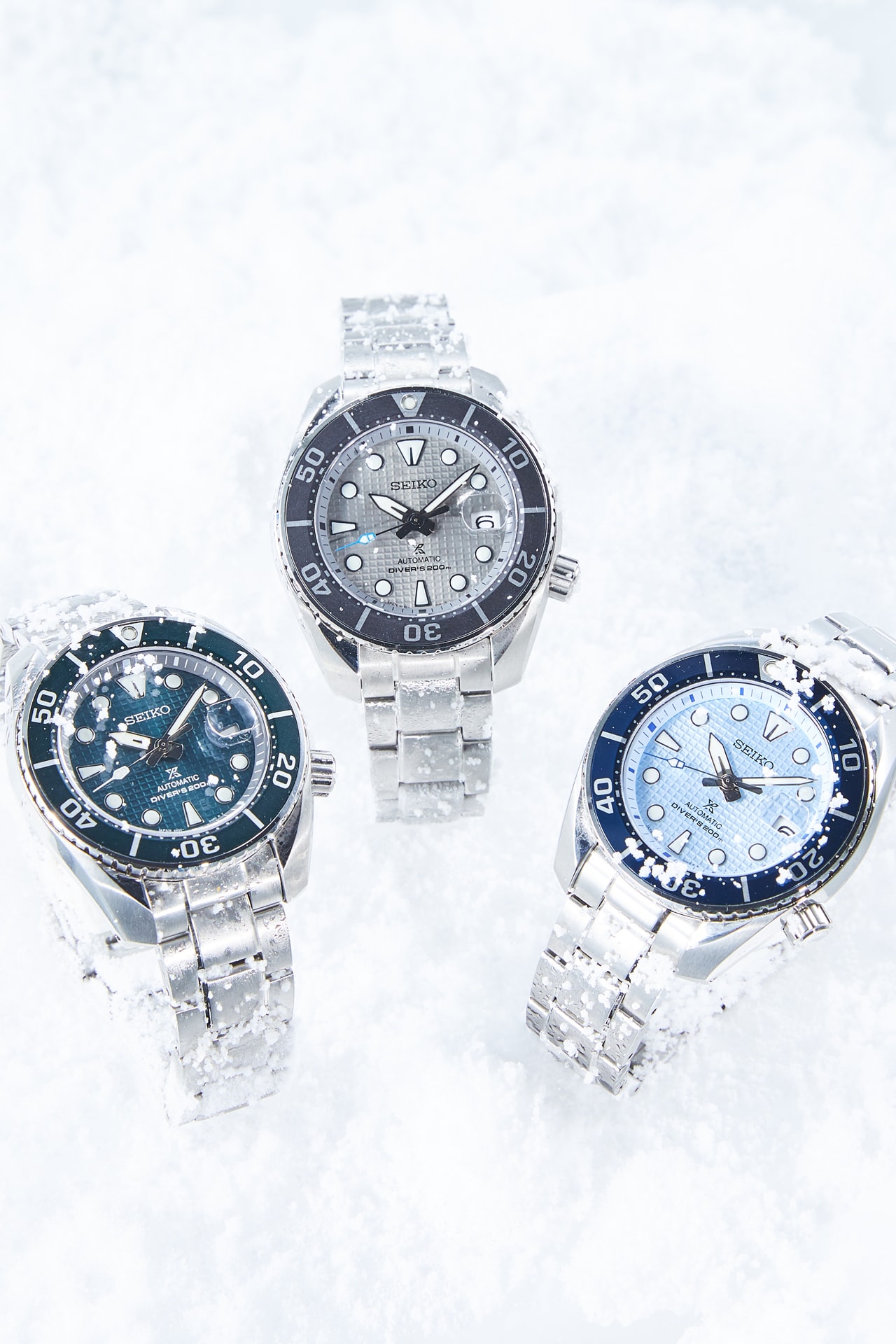 Seiko Prospex U.S. Special Edition watch Japanese watchmaker divers collection glacial ice JARE Naomi Uemura Yuichiro Miura gray (SPB175), green (SPB177) and light blue (SPB179) 200 meters technology design timepiece unidirectional rotating elapsed timing bezel, toned to match each dial, secured screwdown crown, a scratch-resistant sapphire crystal and caseback tri-fold push button release clasp 24-jewel automatic movement, caliber 6R35, beats at a frequency of 21,600 vibrations per hour, with a power reserve of approximately 70 hours, manual and automatic winding capabilities LumiBrite hands markers magnified date windows