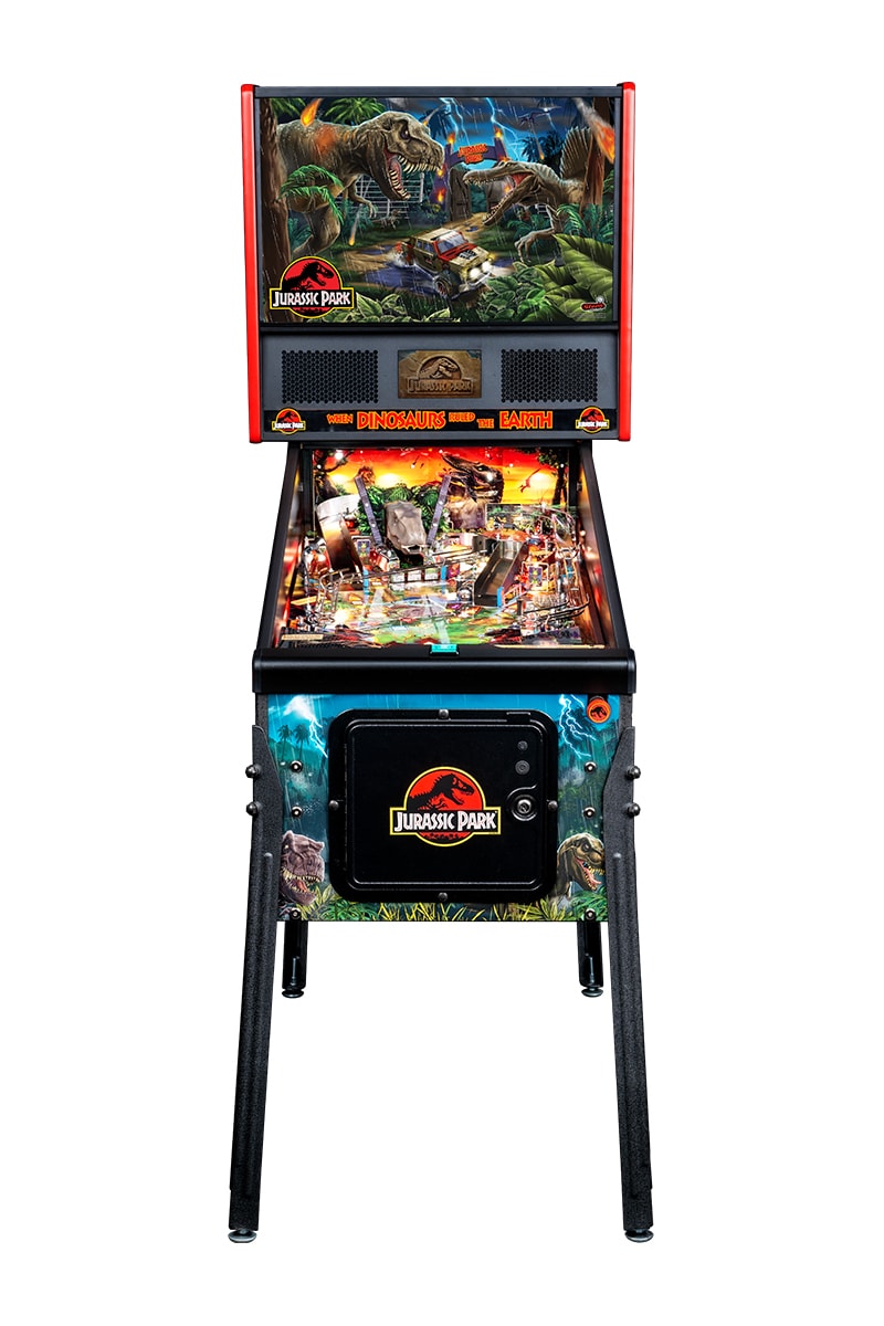 Stern Pinball jurassic park pin universal pictures isla nublar amusement park volcano recapture dinosaurs T-rex spinosaurus coral raptors LED home entertainment release info