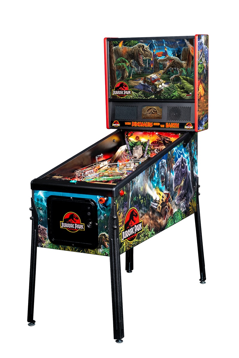 Stern Pinball jurassic park pin universal pictures isla nublar amusement park volcano recapture dinosaurs T-rex spinosaurus coral raptors LED home entertainment release info