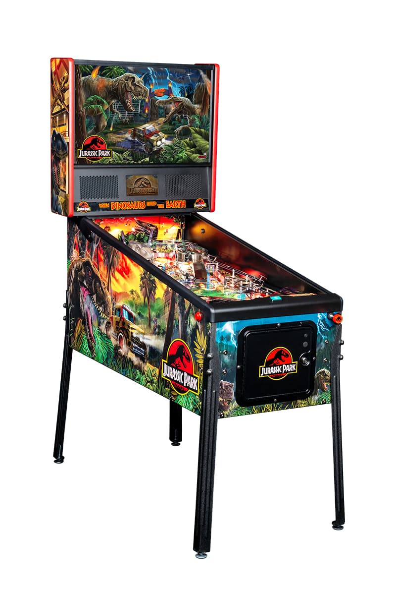 Stern Pinball jurassic park pin universal pictures isla nublar amusement park volcano recapture dinosaurs T-rex spinosaurus coral raptors LED home entertainment release info