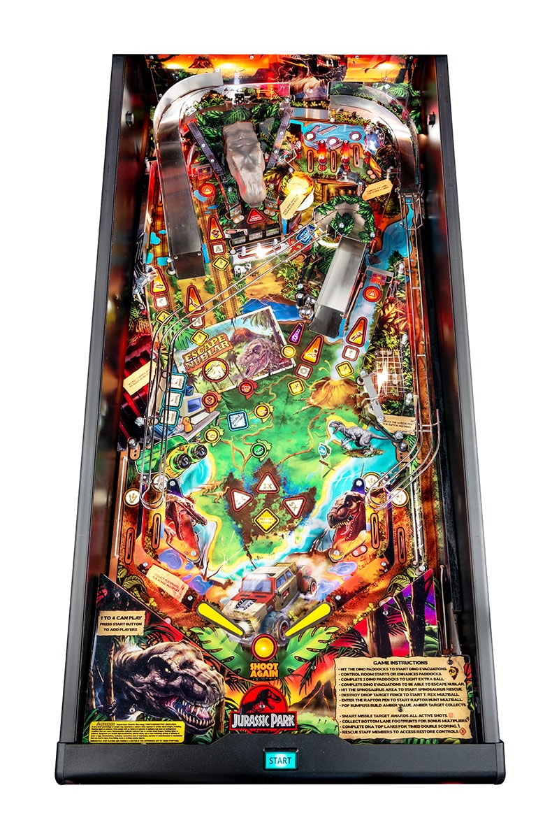 Stern Pinball jurassic park pin universal pictures isla nublar amusement park volcano recapture dinosaurs T-rex spinosaurus coral raptors LED home entertainment release info