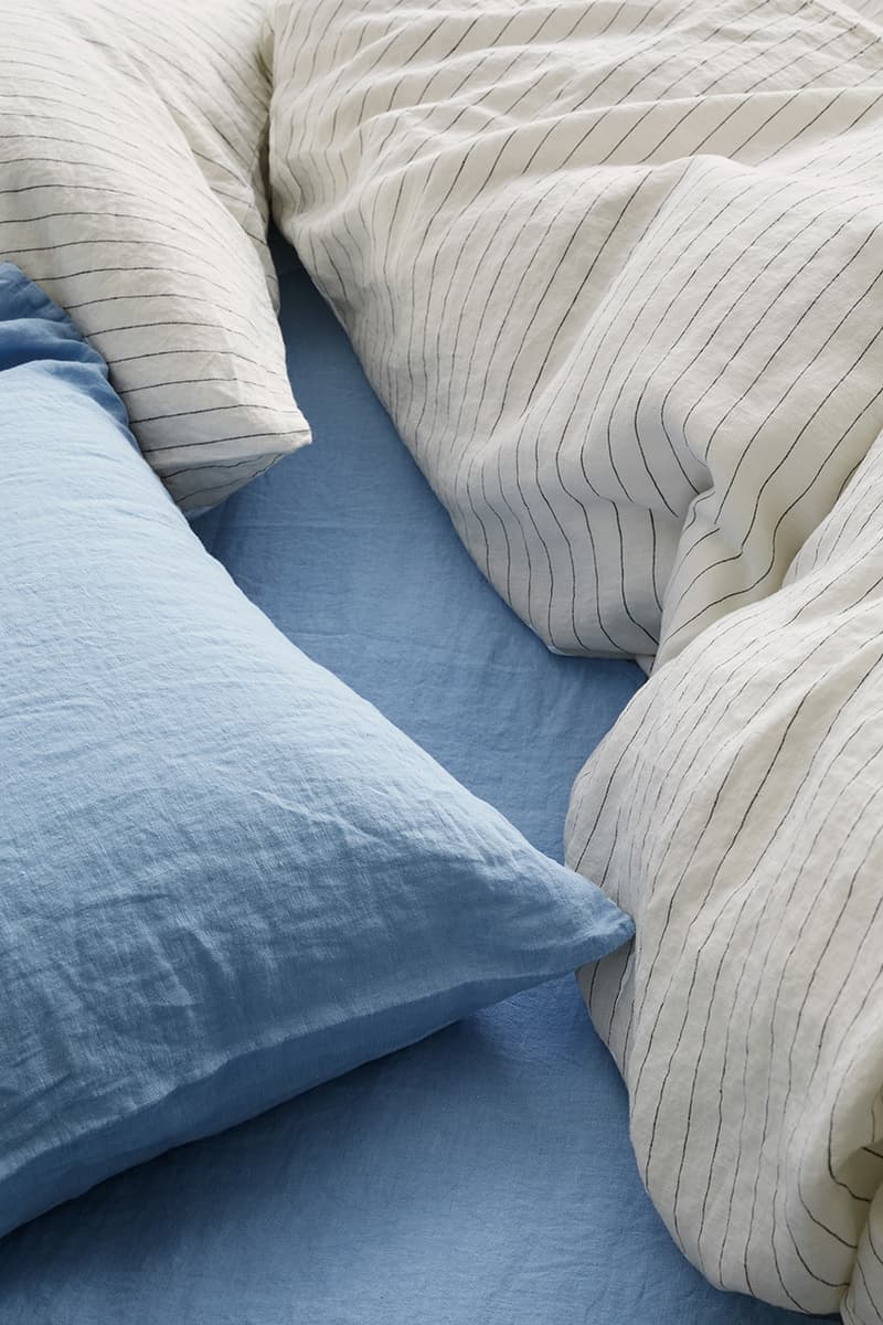 tekla fabrics linen bedding powder blue pinstripe black fall 2021 release details information