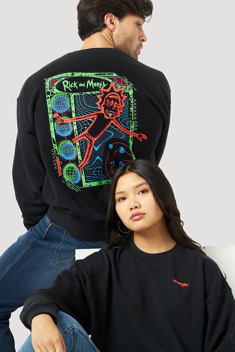 Wrangler Drops a Second Rick and Morty Capsule Collection price release info october 25 date denim jacket hoodie french terry sweater custom artwork gift holiday season cartoon adult swim warner bros