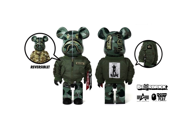 alpha industries bape shark head flight jacket bearbrick 100 400 1000 scale flight jacket zipper 22000 162800 camouflage camo print release info