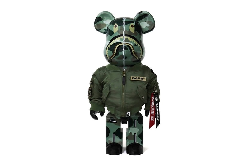 alpha industries bape shark head flight jacket bearbrick 100 400 1000 scale flight jacket zipper 22000 162800 camouflage camo print release info