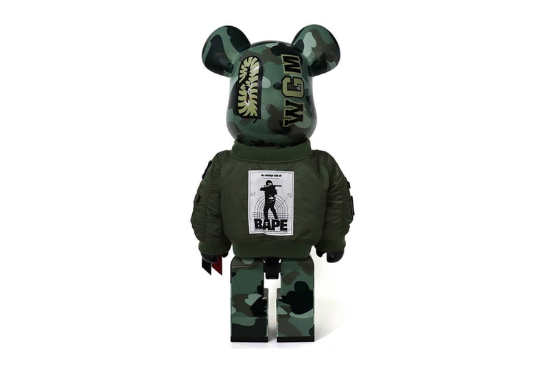 alpha industries bape shark head flight jacket bearbrick 100 400 1000 scale flight jacket zipper 22000 162800 camouflage camo print release info