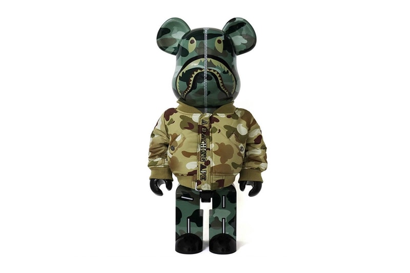 alpha industries bape shark head flight jacket bearbrick 100 400 1000 scale flight jacket zipper 22000 162800 camouflage camo print release info