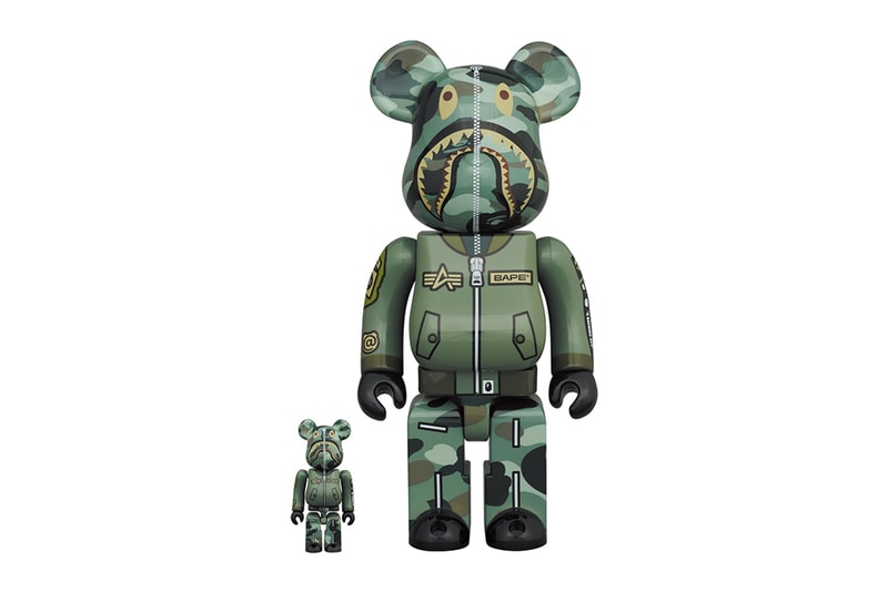 alpha industries bape shark head flight jacket bearbrick 100 400 1000 scale flight jacket zipper 22000 162800 camouflage camo print release info