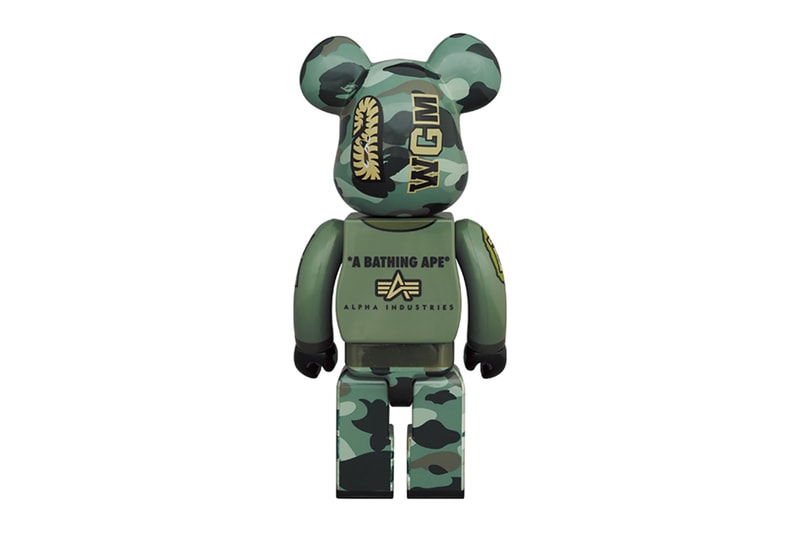 alpha industries bape shark head flight jacket bearbrick 100 400 1000 scale flight jacket zipper 22000 162800 camouflage camo print release info