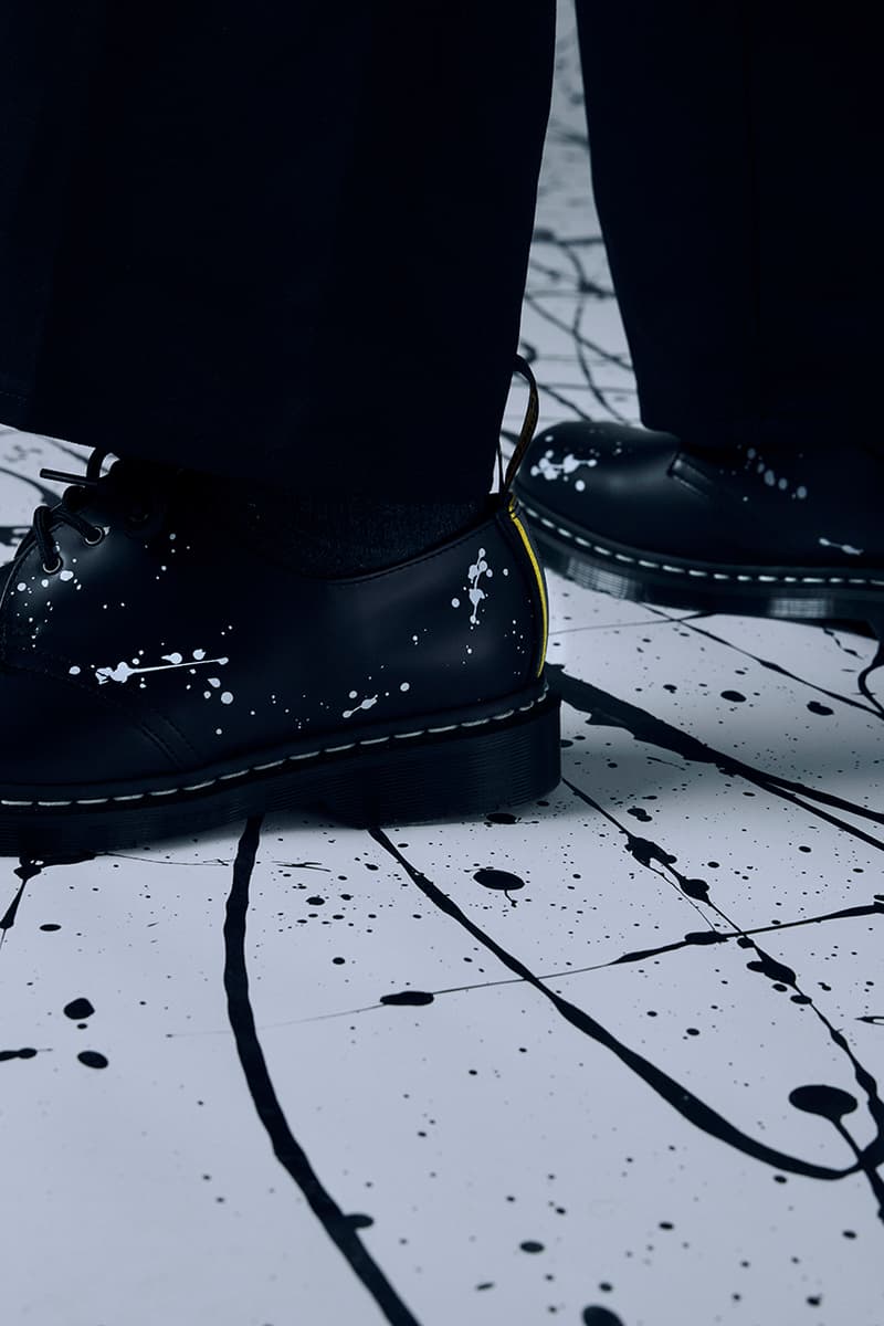 neighborhood dr martens release information details 1461 2976 paint splatter black white reflective heel