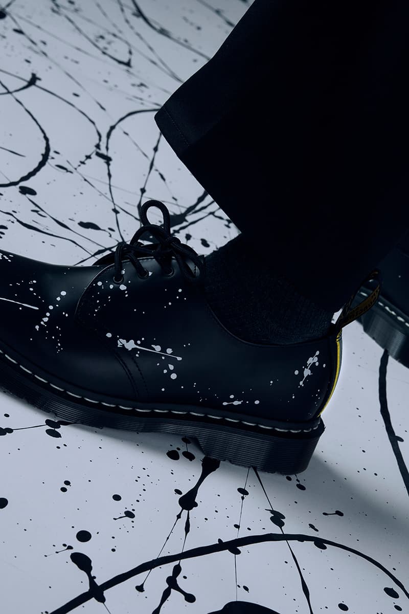 neighborhood dr martens release information details 1461 2976 paint splatter black white reflective heel