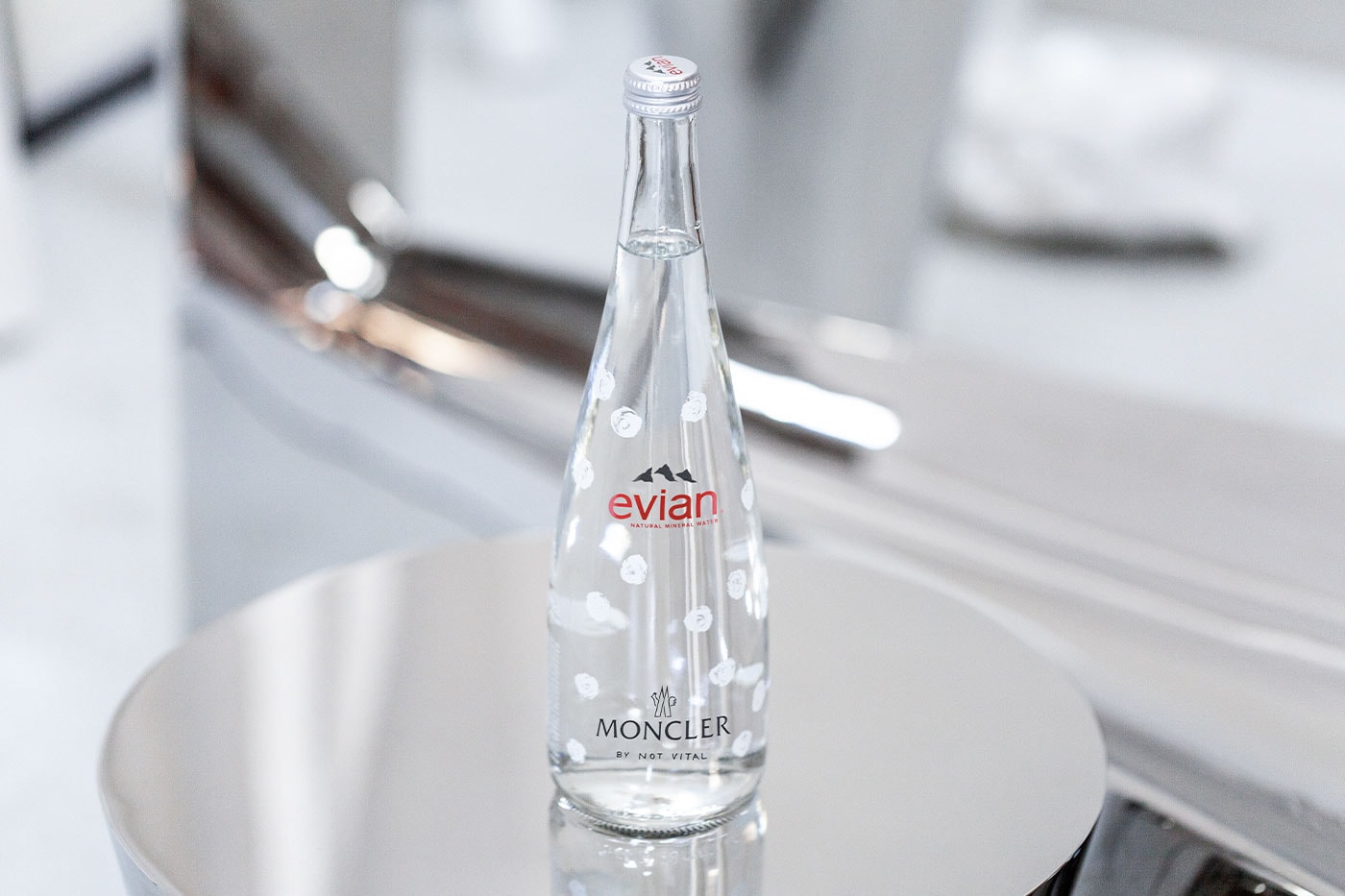 evian designer collaboration luxury brand Moncler 75cL glass bottle festive season gift genius Not Vital mineral water alpine french alps monestier de clermont selfridges release info