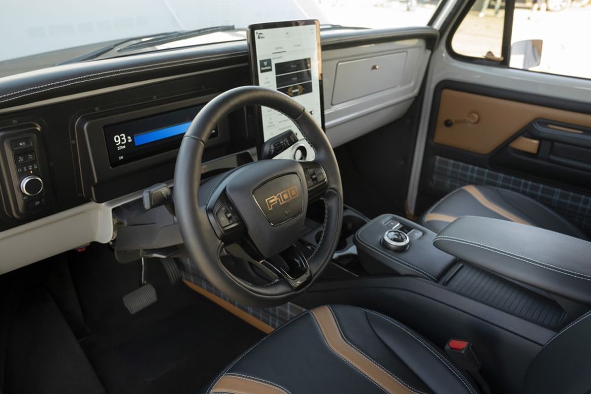 ford f100 eluminator pickup truck mach e gt motors electric restomod powertrain sema show las vegas 2021
