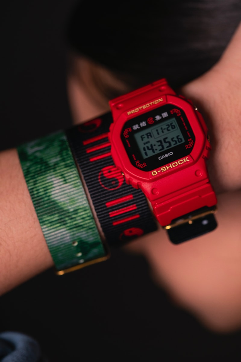 Casio G-Shock DW5600BBN CLOT collaboration timepiece watch 2012 2020 red gold chinese silk royale EL backlight  1987 20 bar water resistance nine interchangeable straps infinity theme yin yang silk november 26 juice release info