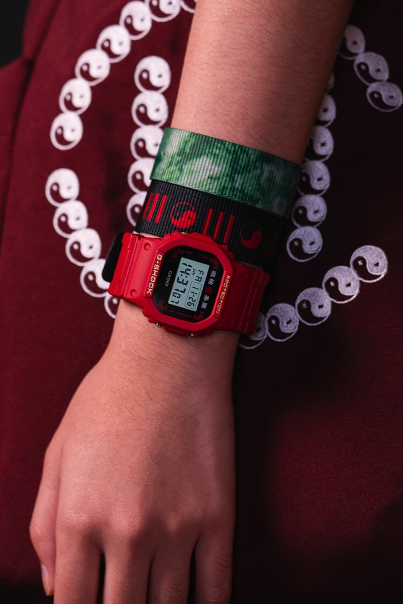 Casio G-Shock DW5600BBN CLOT collaboration timepiece watch 2012 2020 red gold chinese silk royale EL backlight  1987 20 bar water resistance nine interchangeable straps infinity theme yin yang silk november 26 juice release info