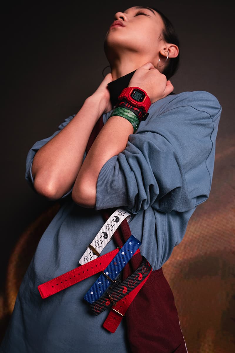 Casio G-Shock DW5600BBN CLOT collaboration timepiece watch 2012 2020 red gold chinese silk royale EL backlight  1987 20 bar water resistance nine interchangeable straps infinity theme yin yang silk november 26 juice release info