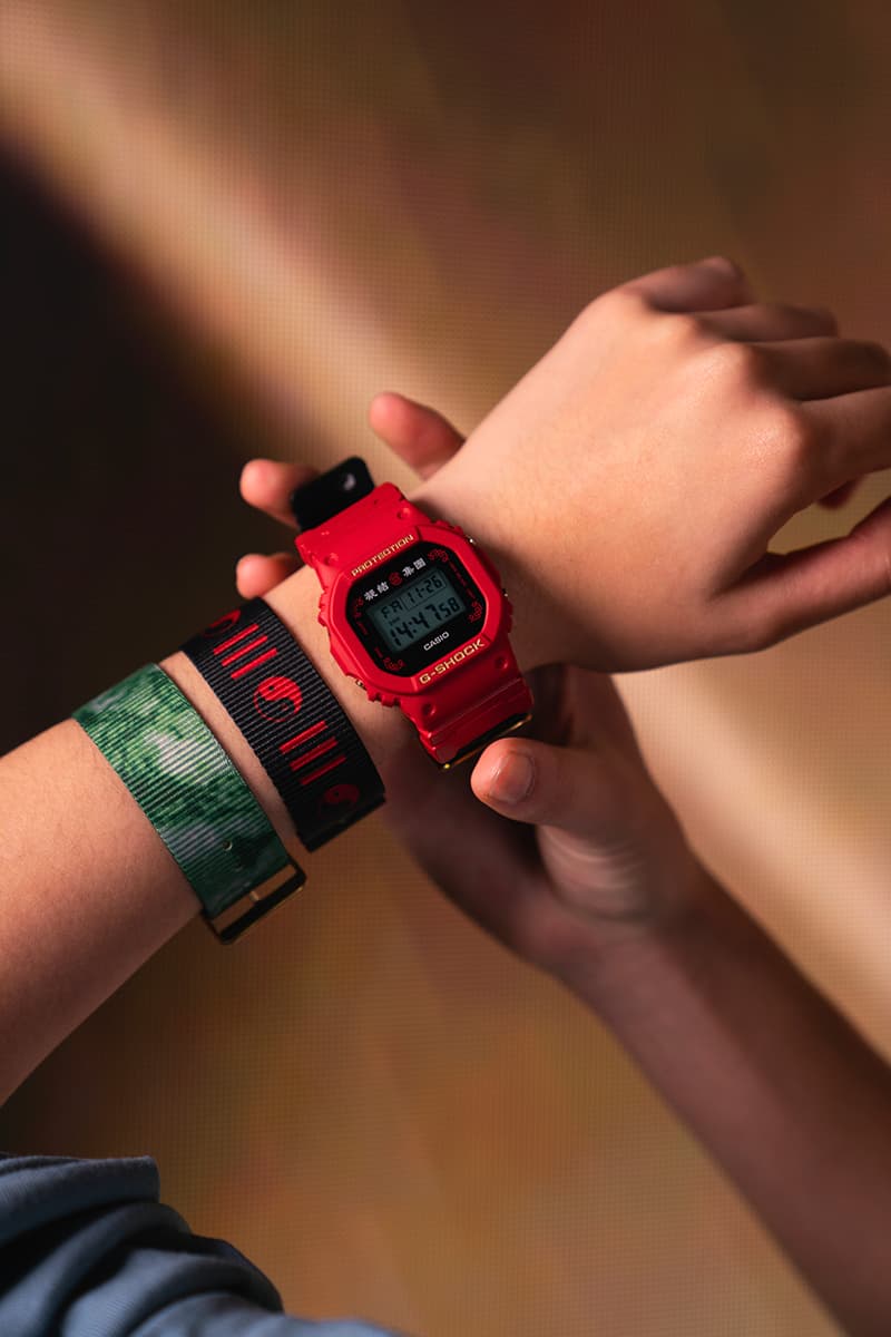 Casio G-Shock DW5600BBN CLOT collaboration timepiece watch 2012 2020 red gold chinese silk royale EL backlight  1987 20 bar water resistance nine interchangeable straps infinity theme yin yang silk november 26 juice release info