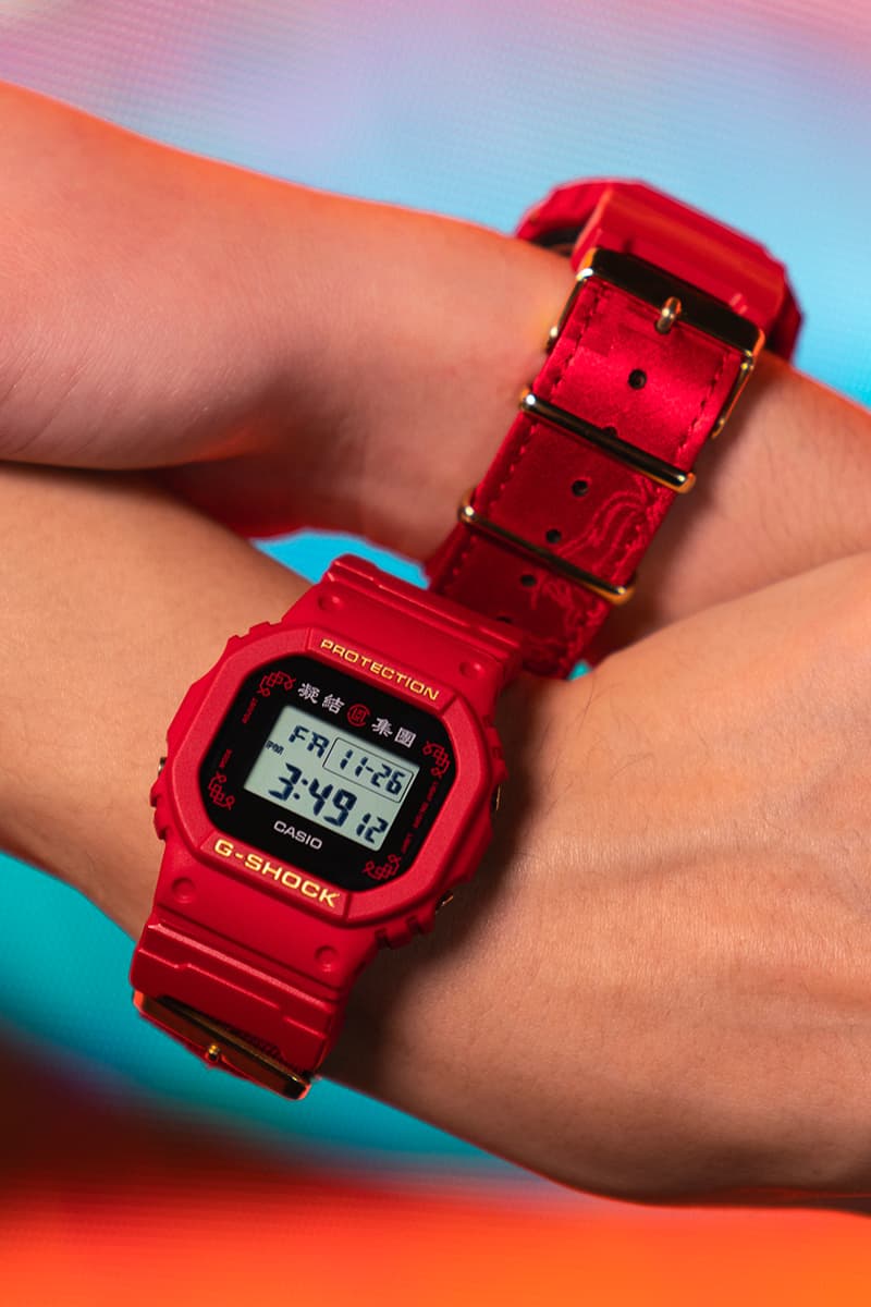 Casio G-Shock DW5600BBN CLOT collaboration timepiece watch 2012 2020 red gold chinese silk royale EL backlight  1987 20 bar water resistance nine interchangeable straps infinity theme yin yang silk november 26 juice release info