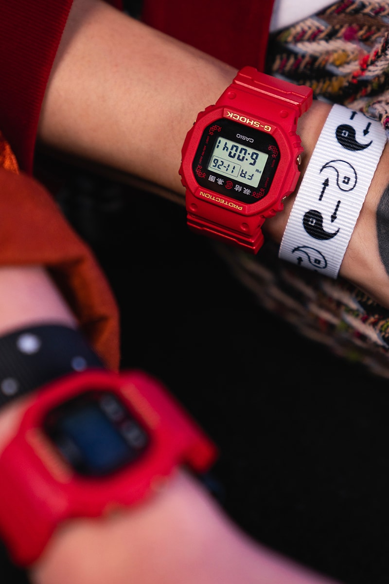 Casio G-Shock DW5600BBN CLOT collaboration timepiece watch 2012 2020 red gold chinese silk royale EL backlight  1987 20 bar water resistance nine interchangeable straps infinity theme yin yang silk november 26 juice release info