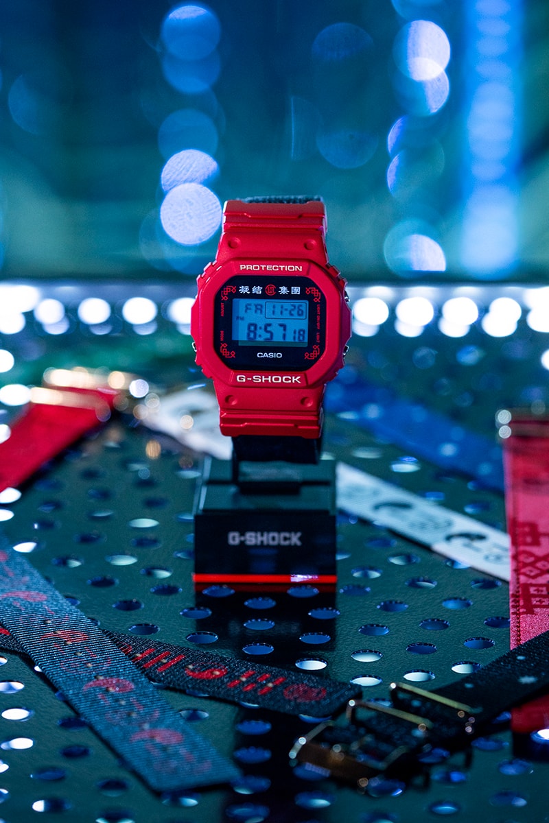 Casio G-Shock DW5600BBN CLOT collaboration timepiece watch 2012 2020 red gold chinese silk royale EL backlight  1987 20 bar water resistance nine interchangeable straps infinity theme yin yang silk november 26 juice release info