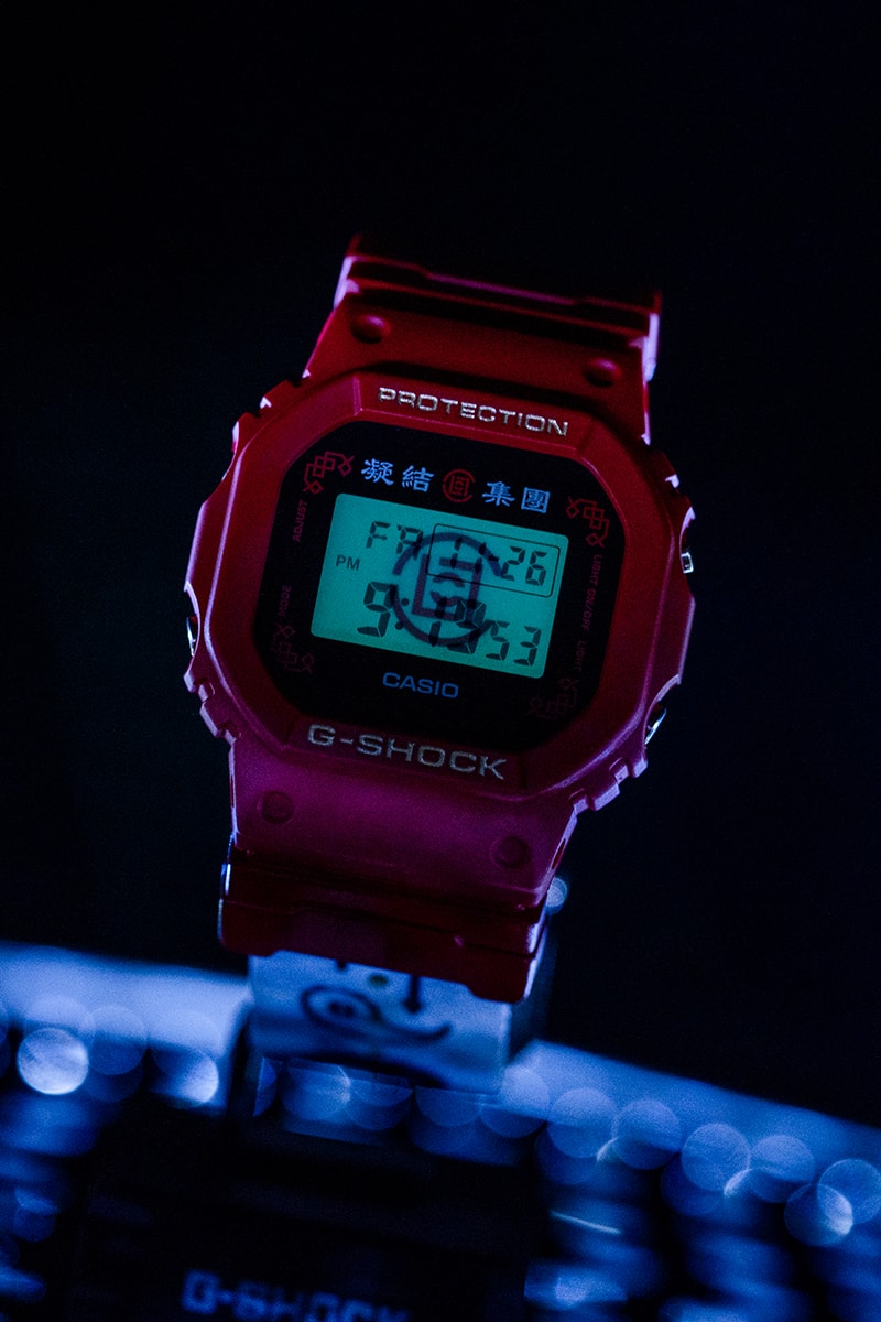 Casio G-Shock DW5600BBN CLOT collaboration timepiece watch 2012 2020 red gold chinese silk royale EL backlight  1987 20 bar water resistance nine interchangeable straps infinity theme yin yang silk november 26 juice release info
