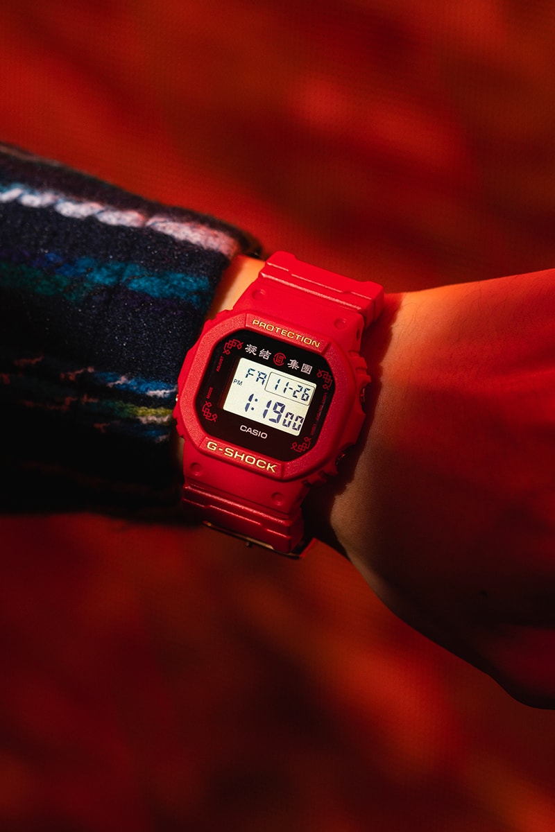 Casio G-Shock DW5600BBN CLOT collaboration timepiece watch 2012 2020 red gold chinese silk royale EL backlight  1987 20 bar water resistance nine interchangeable straps infinity theme yin yang silk november 26 juice release info